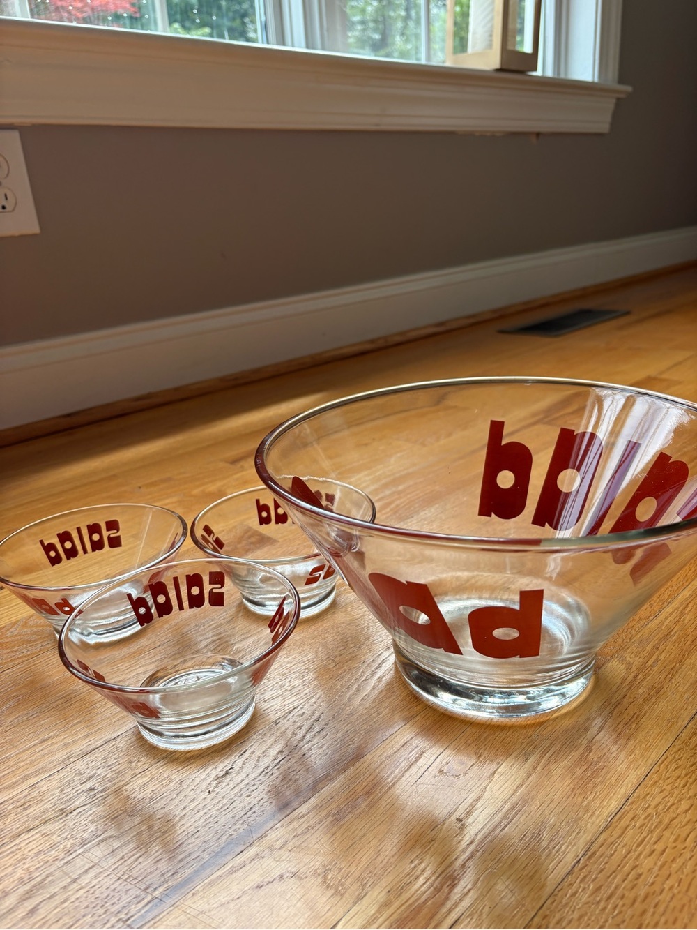 Vintage MCM Wheaton Glass Salad Bowl Set 4 pc Pop Art 1970s Retro Red Topography